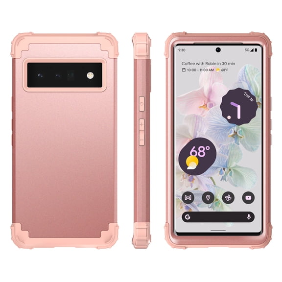 For Google Pixel 6 Pro Case, Slim Dual Layer 3 in 1 Heavy Duty Protection Hybrid Hard PC Soft Silicone Rugged Bumper Anti Slip Full-Body Protective Cases for Google Pixel 6 Pro 2021, Rosegold