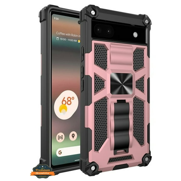For Google Pixel 6A Built in Magnetic Kickstand, Military Hybrid Bumper Heavy Duty Dual Layers TPU Hard Rugged Protective Phone Case Cover by Xpression - Rose Gold