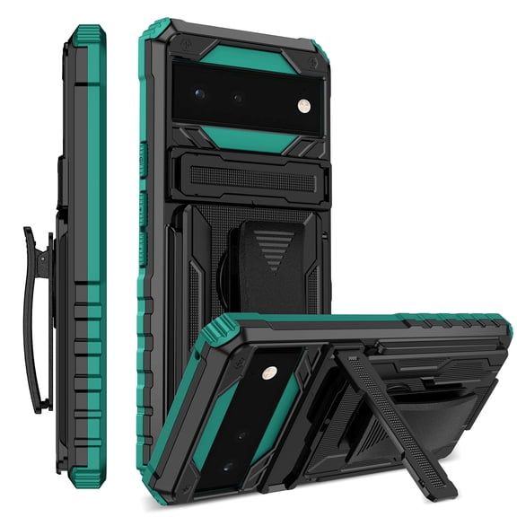 For Google Pixel 6A Case with Belt Clip Holster, Heavy Duty Military Grade Drop Protective, 360° Rotating Kickstand Shockproof TPU Shell Durable Rugged Cover For Google Pixel 6A, Darkgreen