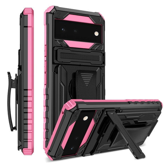 For Google Pixel 6A Case with Belt Clip Holster, Heavy Duty Military Grade Drop Protective, 360° Rotating Kickstand Shockproof TPU Shell Durable Rugged Cover For Google Pixel 6A, Pink