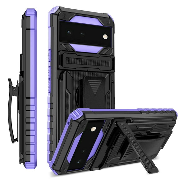 For Google Pixel 6A Case with Belt Clip Holster, Heavy Duty Military Grade Drop Protective, 360° Rotating Kickstand Shockproof TPU Shell Durable Rugged Cover For Google Pixel 6A, Purple