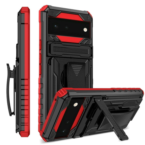 For Google Pixel 6A Case with Belt Clip Holster, Heavy Duty Military Grade Drop Protective, 360° Rotating Kickstand Shockproof TPU Shell Durable Rugged Cover For Google Pixel 6A, Red