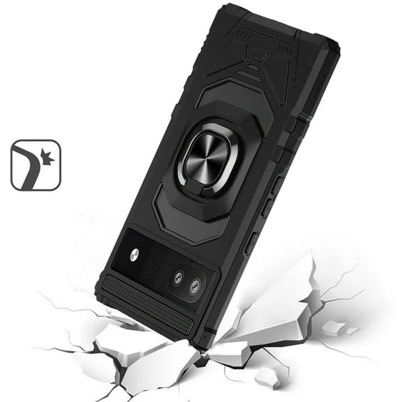 For Google Pixel 6A Hybrid Dual Layer with Rotate Magnetic Ring Stand Holder Kickstand, Rugged Shockproof Cover ,Xpm Phone Case [ Black ]