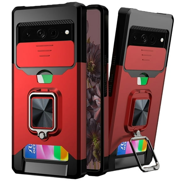 For Google Pixel 7 Pro Multi-Functional Card Magnetic Ring Stand Hybrid Camera Case Cover - Red