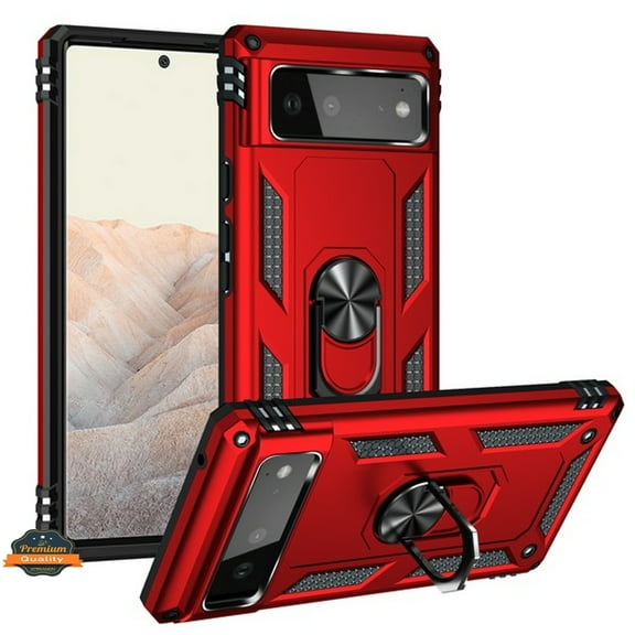 For Google Pixel 7 Shockproof Hybrid Dual Layer PC + TPU with Ring Stand Metal Kickstand Heavy Duty Armor Shell Phone Case Cover by Xpression - Red