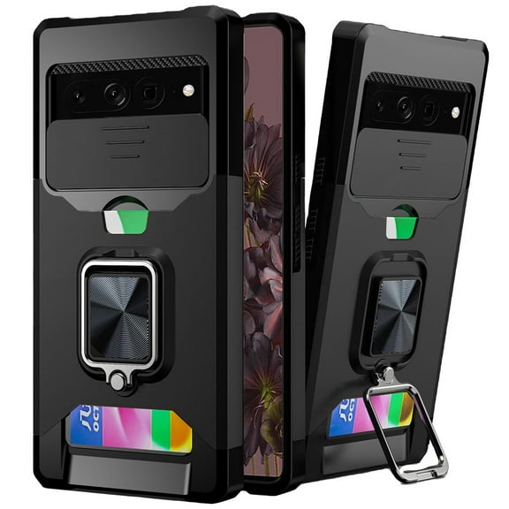 For Google Pixel 7 Wallet Case with Ring Stand & Slide Camera Cover Credit Card Slot Holder, Military Grade Shockproof Hard Cover ,Xpm Phone Case [ Black ]
