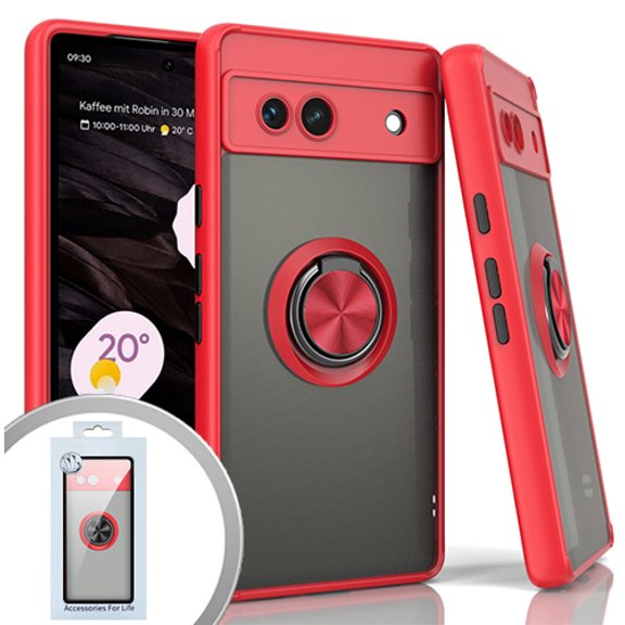 For Google Pixel 7A GWKK3 O-Ring Kickstand Cover Cell Case + Tempered Glass - Red