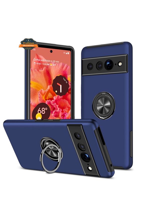 For Google Pixel 8 5G Hybrid Military Grade with Flat Metal Ring Stand 360° Rotation Kickstand Hard PC Back Slim Fit Phone Case Cover by Xpression - Blue