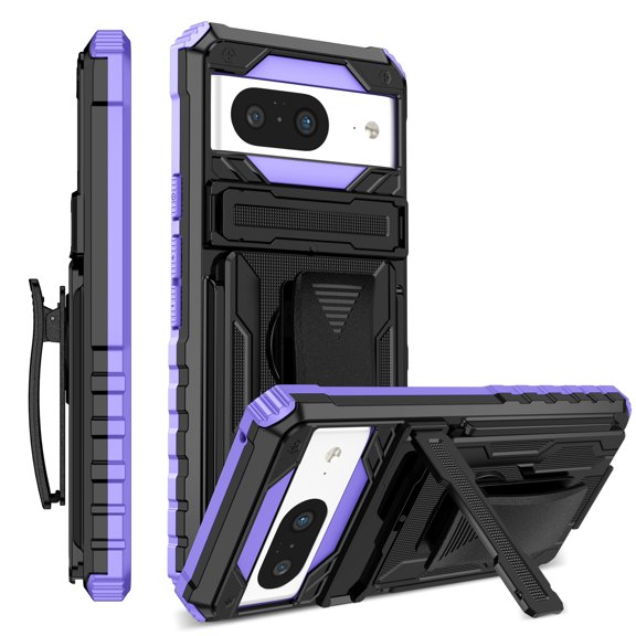 For Google Pixel 8 Case with Belt Clip Holster, Heavy Duty Military Grade Drop Protective, 360° Rotating Kickstand Shockproof TPU Shell Durable Rugged Cover For Google Pixel 8, Purple