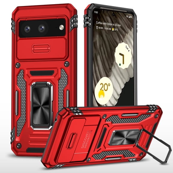 For Google Pixel 8 Case, Military-Grade Case with 360° Rotate Magnetic Ring Kickstand Heavy Duty Full Body Shockproof Slide Cover Phone Cover,Red