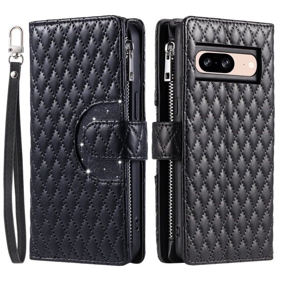 For Google Pixel 8 Case, Multi-Function Zipped Pocket 9 Card Slots Glitter Phone Case,Black