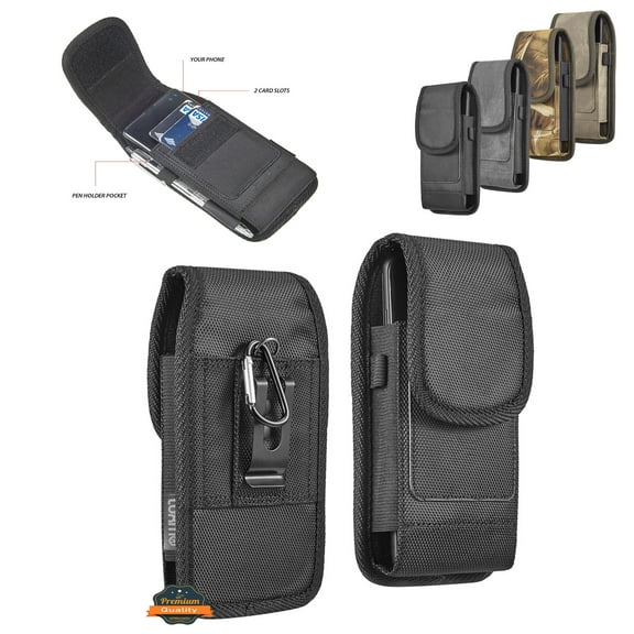 For Google Pixel 8 / Pixel 7 Universal Nylon Pouch Case Vertical Phone Holster with Dual Card Slots, Pen Holder, Belt Clip Loop & Hook Cover - Black