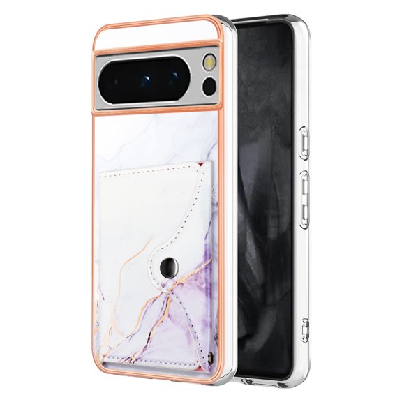 For Google Pixel 8 Pro Marble Patterned Case with Card Holder, Back Folio Kickstand PU Leather + Soft Crystal Bumper Edge, Magnetic Clasp Back Cover For Google Pixel 8 Pro,Lightpurple