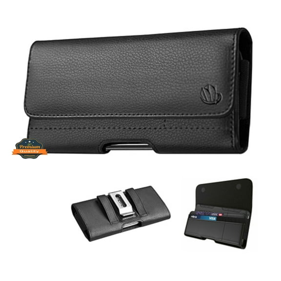 For Google Pixel 8A /7A/ Pixel Fold Universal Leather Horizontal Holster Pouch with Credit Card Slots Wallet & Belt Loop Clip Carrying (Fit up to 6.1" Screen) - Black