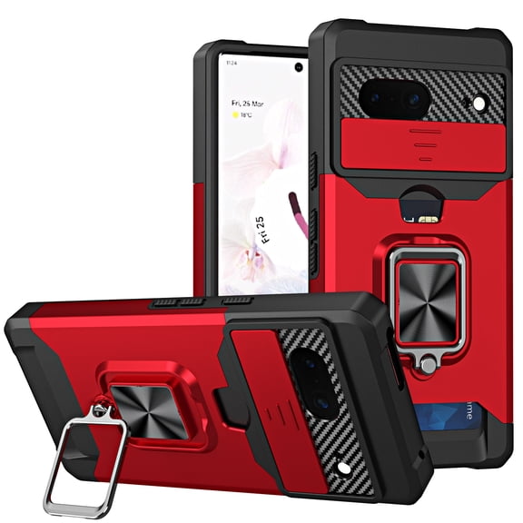 For Google Pixel 8A Case with Card Holder & 360° Magnetic Ring Stand Heavy Duty Camera Lens Slide Dual Layer Shockproof Hidden Card Slot Slim Wallet Phone Case Cover for Women Men,Red