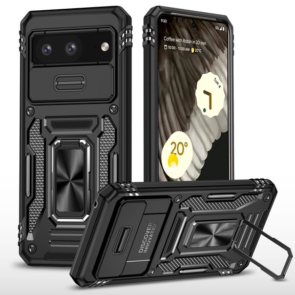 For Google Pixel 8A Case with Hinge Protection and 360°Rotate Ring Magnetic Kickstand, [Military Grade anti-Drop],Hard Back & Soft Edge Slim Protective Case for Google Pixel 8A,Black