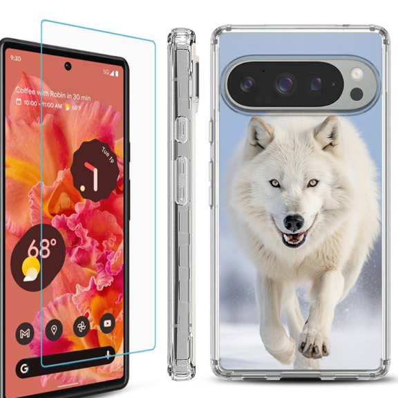 For Google Pixel 9 / 9 Pro Phone Case Cover, Shockproof Bumper Case with Tempered Glass Screen Protector, by OneToughShield - Arctic Wolf