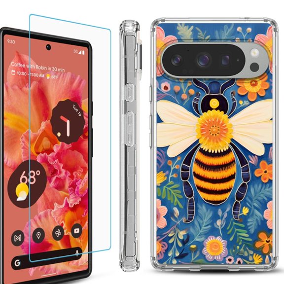 For Google Pixel 9 / 9 Pro Phone Case Cover, Shockproof Bumper Case with Tempered Glass Screen Protector, by OneToughShield - Bee Flower