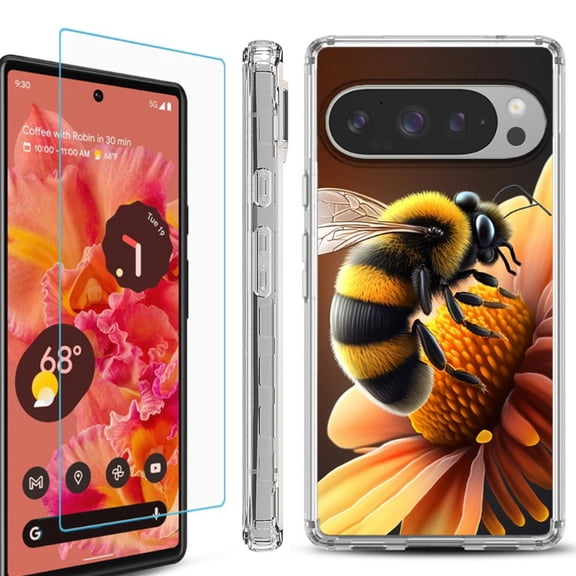 For Google Pixel 9 / 9 Pro Phone Case Cover, Shockproof Bumper Case with Tempered Glass Screen Protector, by OneToughShield - Bee