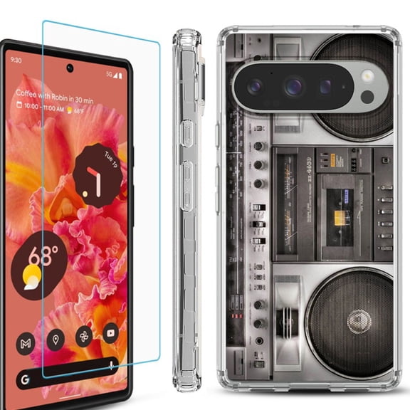 For Google Pixel 9 / 9 Pro Phone Case Cover, Shockproof Bumper Case with Tempered Glass Screen Protector, by OneToughShield - Boombox