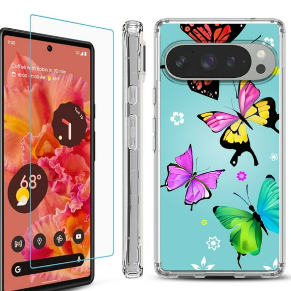For Google Pixel 9 / 9 Pro Phone Case Cover, Shockproof Bumper Case with Tempered Glass Screen Protector, by OneToughShield - Butterfly