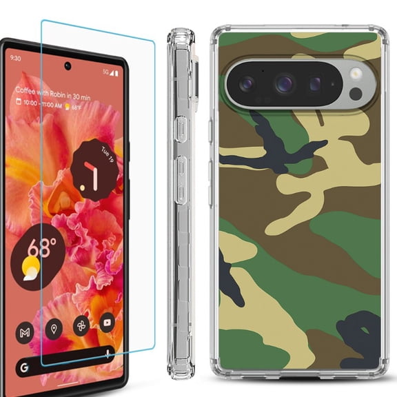 For Google Pixel 9 / 9 Pro Phone Case Cover, Shockproof Bumper Case with Tempered Glass Screen Protector, by OneToughShield - Camo Green