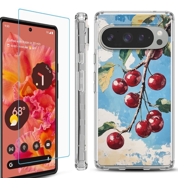 For Google Pixel 9 / 9 Pro Phone Case Cover, Shockproof Bumper Case with Tempered Glass Screen Protector, by OneToughShield - Cherry Bliss
