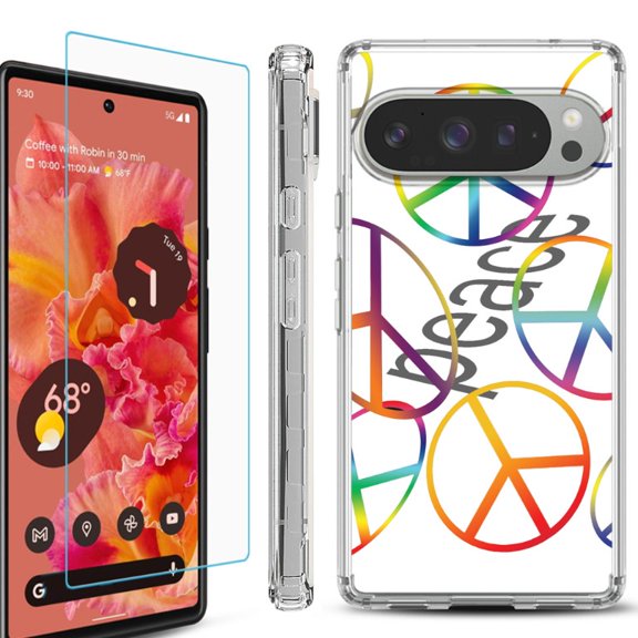 For Google Pixel 9 / 9 Pro Phone Case Cover, Shockproof Bumper Case with Tempered Glass Screen Protector, by OneToughShield - Colorful Peace