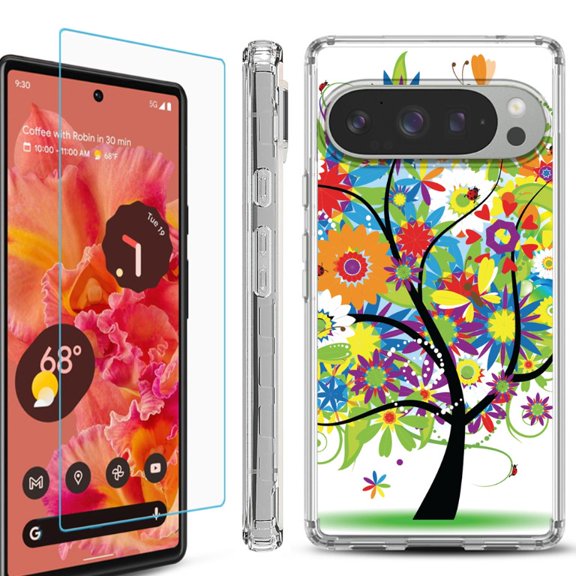 For Google Pixel 9 / 9 Pro Phone Case Cover, Shockproof Bumper Case with Tempered Glass Screen Protector, by OneToughShield - Colorful Tree