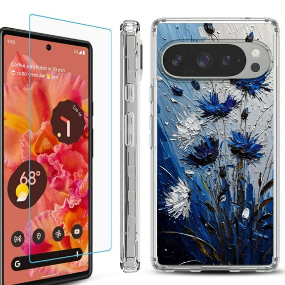 For Google Pixel 9 / 9 Pro Phone Case Cover, Shockproof Bumper Case with Tempered Glass Screen Protector, by OneToughShield - Cornflower