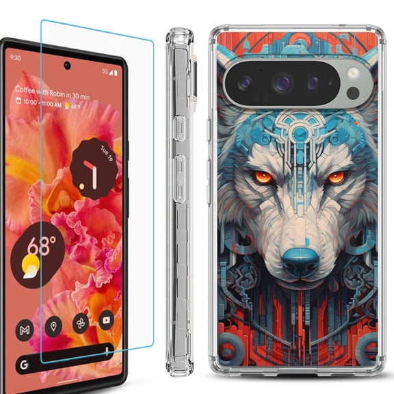 For Google Pixel 9 / 9 Pro Phone Case Cover, Shockproof Bumper Case with Tempered Glass Screen Protector, by OneToughShield - Cyberpunk Wolf