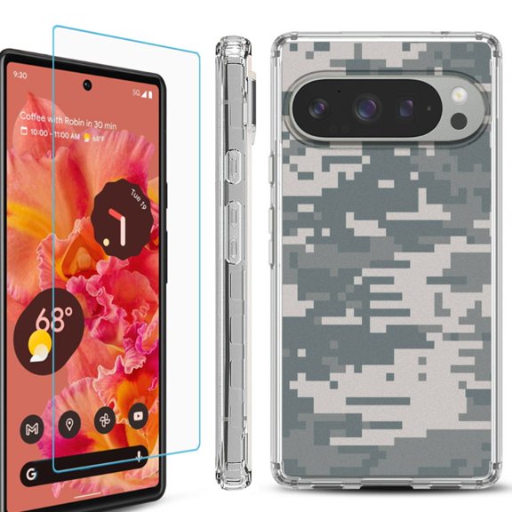 For Google Pixel 9 / 9 Pro Phone Case Cover, Shockproof Bumper Case with Tempered Glass Screen Protector, by OneToughShield - Digital Camo