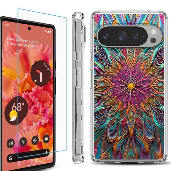 For Google Pixel 9 / 9 Pro Phone Case Cover, Shockproof Bumper Case with Tempered Glass Screen Protector, by OneToughShield - Doodle Art