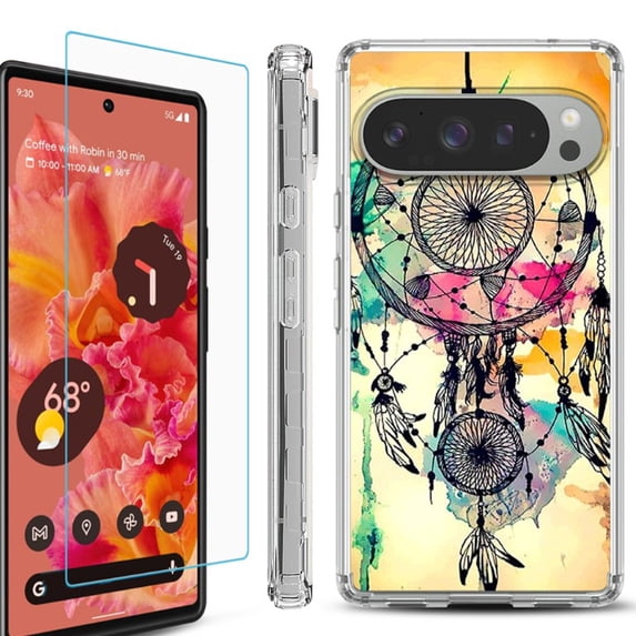 For Google Pixel 9 / 9 Pro Phone Case Cover, Shockproof Bumper Case with Tempered Glass Screen Protector, by OneToughShield - Dream Catcher Color
