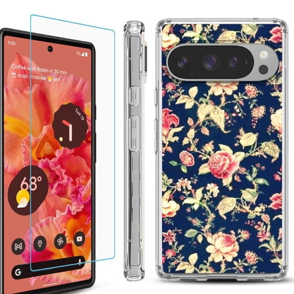 For Google Pixel 9 / 9 Pro Phone Case Cover, Shockproof Bumper Case with Tempered Glass Screen Protector, by OneToughShield - Floral Garden