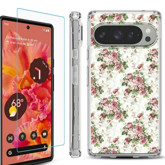 For Google Pixel 9 / 9 Pro Phone Case Cover, Shockproof Bumper Case with Tempered Glass Screen Protector, by OneToughShield - Floral/Rose