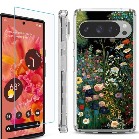 For Google Pixel 9 / 9 Pro Phone Case Cover, Shockproof Bumper Case with Tempered Glass Screen Protector, by OneToughShield - Flowery Garden