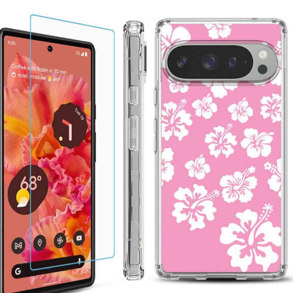 For Google Pixel 9 / 9 Pro Phone Case Cover, Shockproof Bumper Case with Tempered Glass Screen Protector, by OneToughShield - Hibiscus Pink