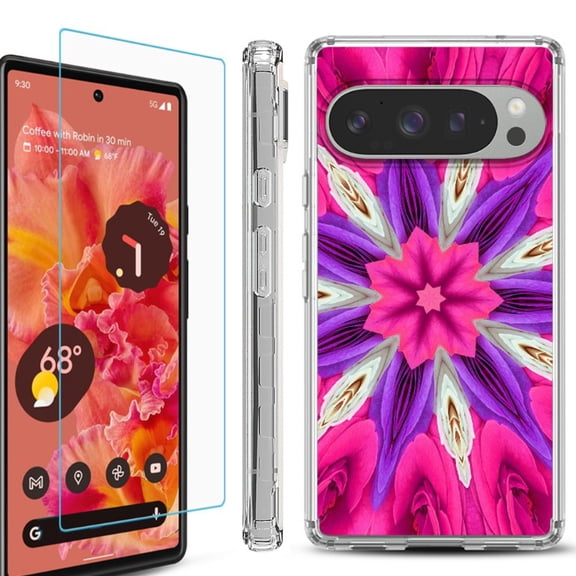 For Google Pixel 9 / 9 Pro Phone Case Cover, Shockproof Bumper Case with Tempered Glass Screen Protector, by OneToughShield - Kaleidoscope Rose