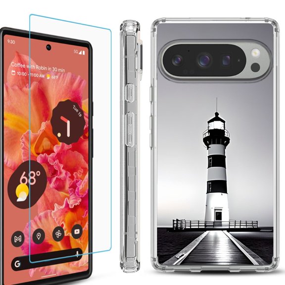 For Google Pixel 9 / 9 Pro Phone Case Cover, Shockproof Bumper Case with Tempered Glass Screen Protector, by OneToughShield - Lighthouse