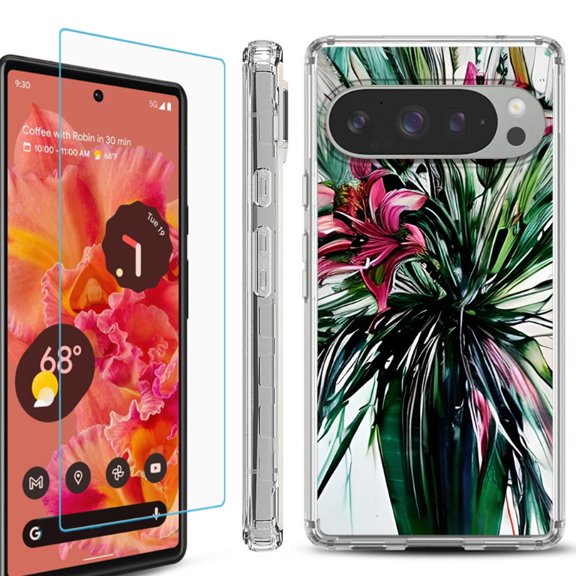 For Google Pixel 9 / 9 Pro Phone Case Cover, Shockproof Bumper Case with Tempered Glass Screen Protector, by OneToughShield - Lily
