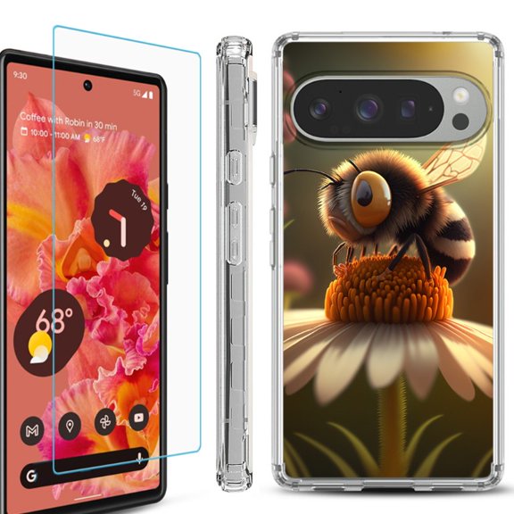 For Google Pixel 9 / 9 Pro Phone Case Cover, Shockproof Bumper Case with Tempered Glass Screen Protector, by OneToughShield - Little Bee
