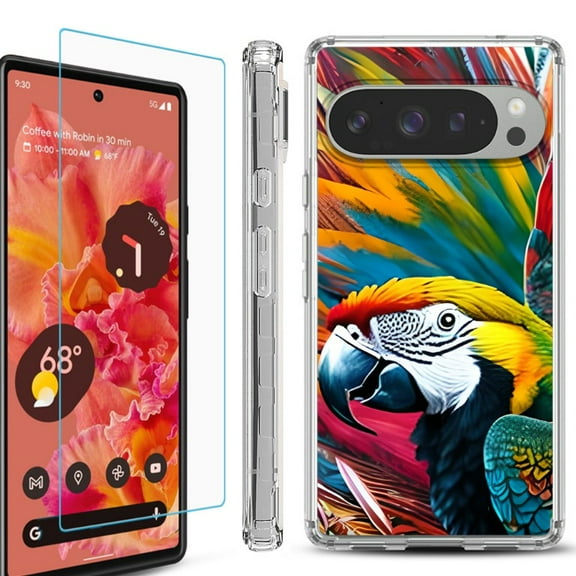 For Google Pixel 9 / 9 Pro Phone Case Cover, Shockproof Bumper Case with Tempered Glass Screen Protector, by OneToughShield - Macaw