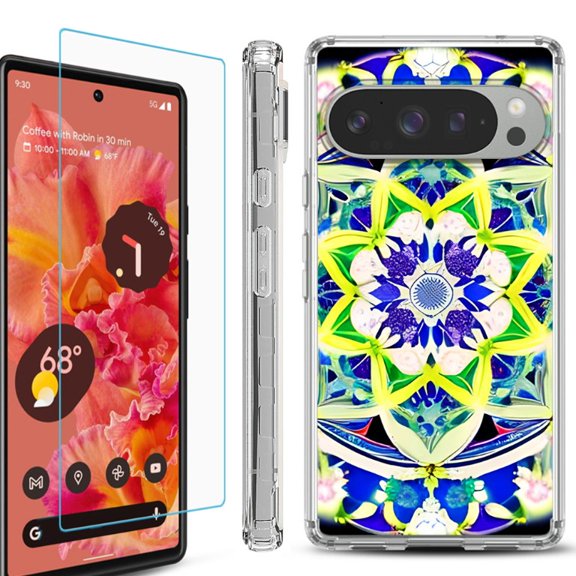 For Google Pixel 9 / 9 Pro Phone Case Cover, Shockproof Bumper Case with Tempered Glass Screen Protector, by OneToughShield - Mandalas Color