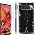 thumbnail image 1 of For Google Pixel 9 / 9 Pro Phone Case Cover, Shockproof Bumper Case with Tempered Glass Screen Protector, by OneToughShield - Marble / Gold/Black, 1 of 4