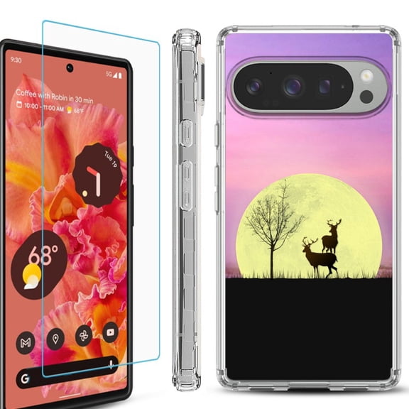 For Google Pixel 9 / 9 Pro Phone Case Cover, Shockproof Bumper Case with Tempered Glass Screen Protector, by OneToughShield - Moonlight Deer