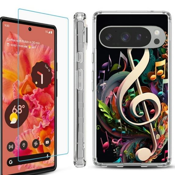 For Google Pixel 9 / 9 Pro Phone Case Cover, Shockproof Bumper Case with Tempered Glass Screen Protector, by OneToughShield - Music Notes Colorful