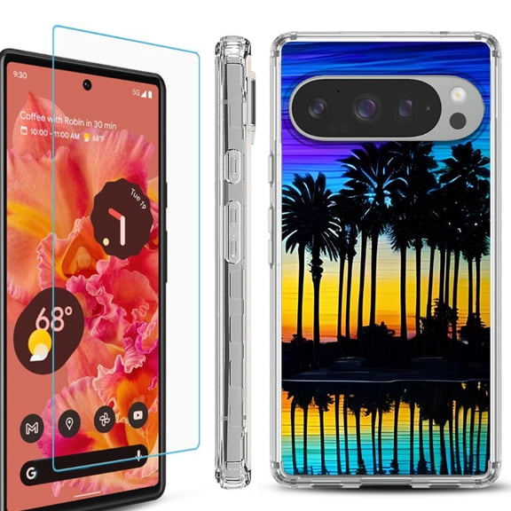 For Google Pixel 9 / 9 Pro Phone Case Cover, Shockproof Bumper Case with Tempered Glass Screen Protector, by OneToughShield - Palmtree