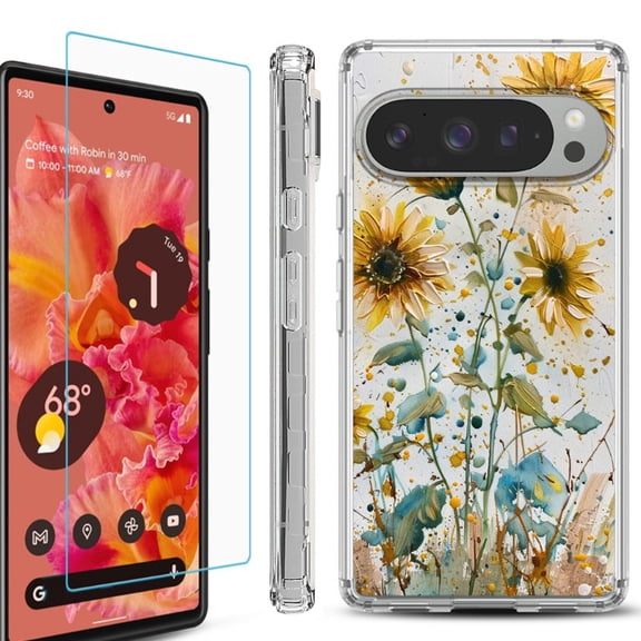 For Google Pixel 9 / 9 Pro Phone Case Cover, Shockproof Bumper Case with Tempered Glass Screen Protector, by OneToughShield - Pastel Sunflowers