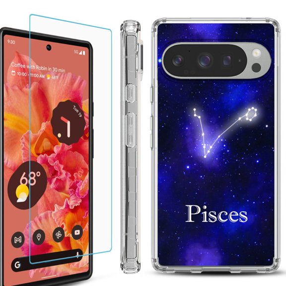 For Google Pixel 9 / 9 Pro Phone Case Cover, Shockproof Bumper Case with Tempered Glass Screen Protector, by OneToughShield - Pisces